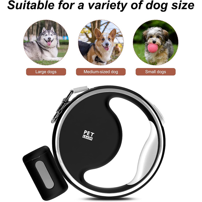 Висувний повідець AZXIVIZ для собак з нековзною ручкою і світлодіодним підсвічуванням, 3 м, нейлоновий, телескопічний, для великих, без заплутування на 360 градусів, у формі пончика (чорний)