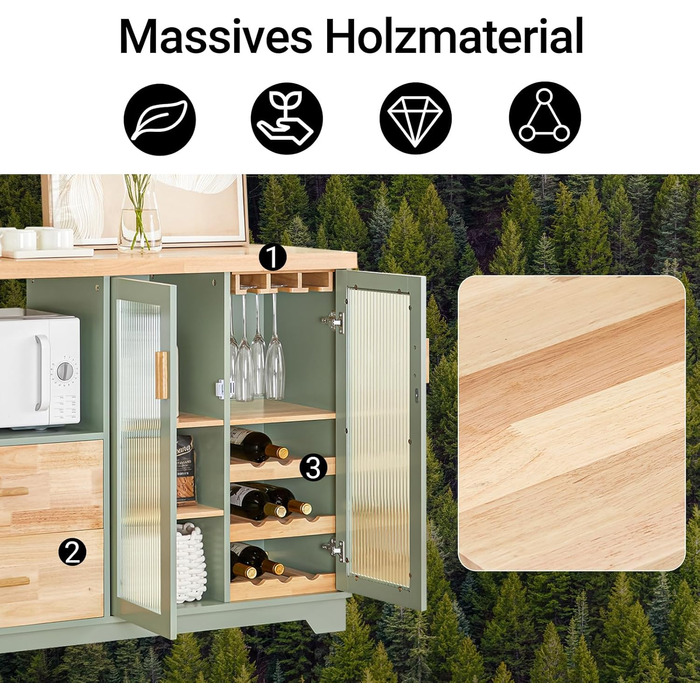 Буфет-комод SoBuy з скляними дверцятами, шухлядами та робочою поверхнею 120 см, нішею для мікрохвильової печі та полицею для вина. Кухняні меблі для вітальні та їдальні. Колір: зелений, розмір: 120x90x40 см