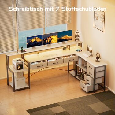 Кутовий стіл з ящиками, геймінговий стіл з розеткою, LED та підставка для монітора, 200 x 146 см, 7 тканинних ящиків, комп'ютерний стіл для офісу, робочого кабінету, спальні (Білий)