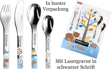 Дитячий набір посуду Kinderbesteck Friends з зображенням тварин та індивідуальною гравіюванням/іменем (лісові тварини: ведмідь, барсук, кабан)