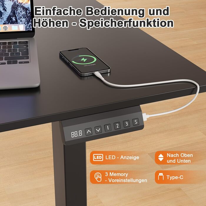 Регульований стіл JUMMICO з міцним металевим каркасом та 2 моторами, 3 режими пам'яті, для сидячої та стоячої роботи (білий), 100 x 140 см, чорний