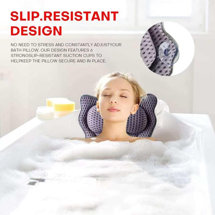 Подушка для ванни 4D Luxus, для голови, шиї, плечей та спини, ергономічна, з 6 присосками, для джакузі та домашнього спа (Чорний)