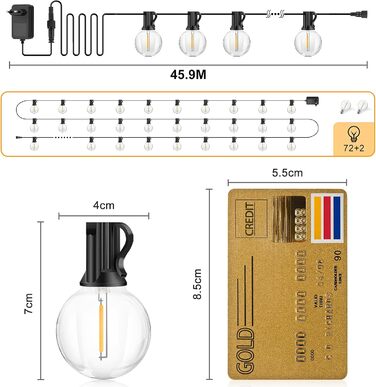 Світлодіодні струнні світильники для вулиці 48 лампочок, стійкі до погодних умов, з можливістю затемнення, теплий білий, ретро для декору (45,9 м), 30M