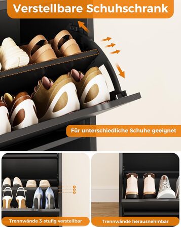 Шкаф для взуття IRONCK з 4 дверцятами, вузький, з 2 висувними ящиками, окремо стоячий, з регульованими перегородками, для передпокою, входу та вітальні (Білий) Білий (100x23.5x98см, Чорний)