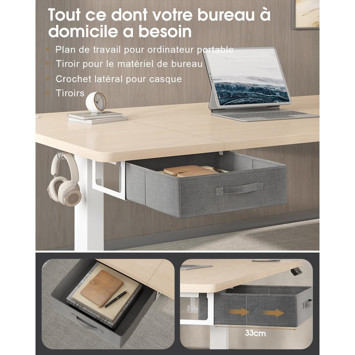 Регульований стіл Devoko: електричний, 140x80 см, з ящиками, USB-порт, органайзер для кабелів, стоячий стіл з пам'яттю, білий