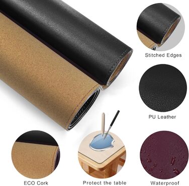 Килимок для столу MAIDERN XXL 100x60 см — двосторонній підкладник зі шкіри та корка, водонепроникний килимок для миші для офісу, дому та геймінгу, чорний