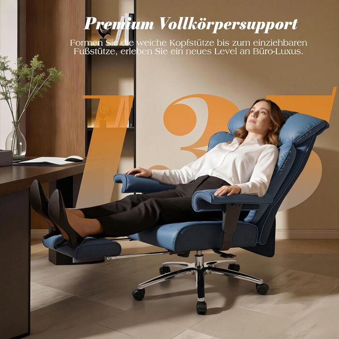 Офісний стілець Efomao XXL 200 кг з підставкою для ніг, штучна шкіра, висока спинка, регульовані підлокітники, підтримка попереку, сірий - для дому та офісу
