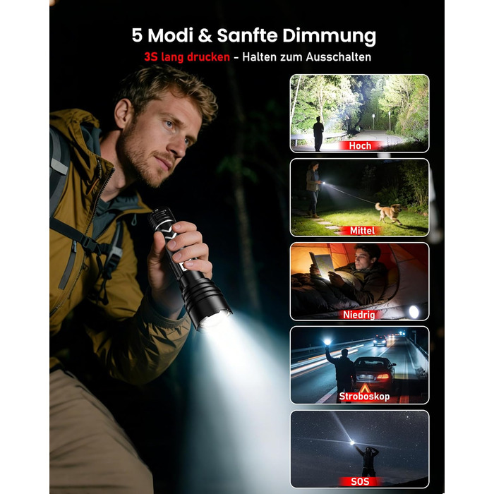 Потужний тактичний ліхтарик Shadowhawk LED 1 000 000 Лм, 50Вт, акумулятор 6000mAh, дальність 1000м, LCD-дисплей, функція розпалювання вогню, чорний — для кемпінгу та виживання