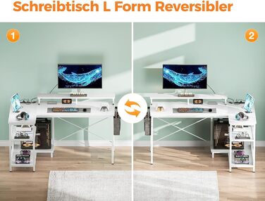 Геймерський стіл Coleshome L-подібний з LED-підсвіткою та розетками, 120x80 см, кутовий письмовий стіл із полицею, реверсивний, підставка для монітора, для офісу чи кабінету, білий