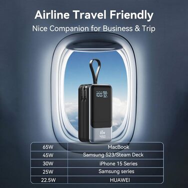 Power Bank Selore&S 65W з USB-C, 4 порти, для iPhone, Galaxy, MacBook, iPad, дронів, чорний