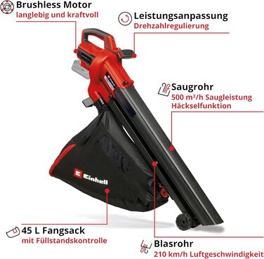 Акумуляторний повітродув та пилосос Einhell VENTURRO 18/210 Power X-Change (18 В, 500 м³/год, мішок 45 л, 210 км/год) без акумулятора та зарядного пристрою