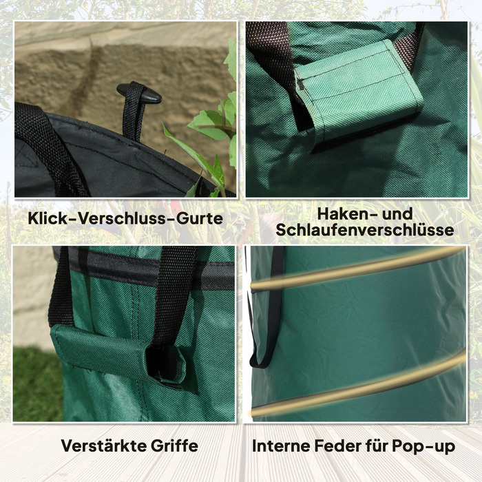 Outsunny Garden Bag 2x160L водонепроникний мішок для садових відходів з ручками на блискавці, стабільний мішок для листя, самостоячі садові мішки, багаторазові мішки для садових відходів Зелені відходи