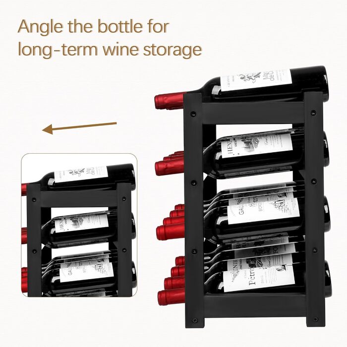 Стійка для вина VASMIA з бамбука, 3-ярусна, на 12 пляшок, для кухні/спейсерії, білий (чорний)