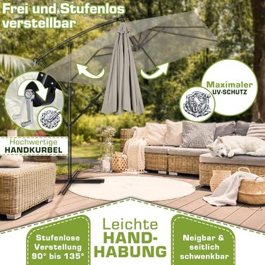 Прямокутна садова парасолька tillvex® з алюмінієвим стійкою 330 см, підвісна модель з рукояткою, захистом від UV та вітру, водонепроникна (Taupe, без LED)