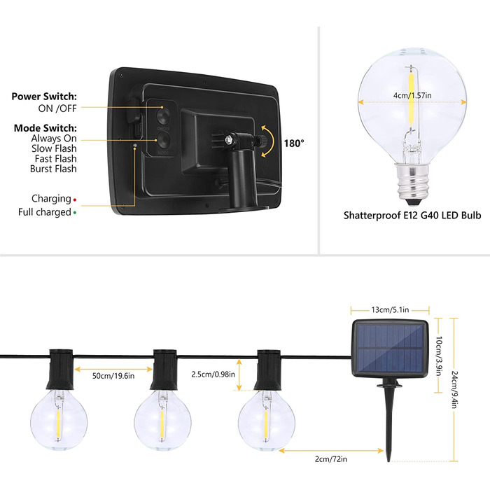 Вулична гірлянда на сонячних батареях, гірлянда з ламп DeepDream G40 з 25 2 лампочками, 4 режими освітлення, Водонепроникна Вулична Світлодіодна гірлянда IP65 для саду, балкона, весільної вечірки, теплий білий (7,6 м)
