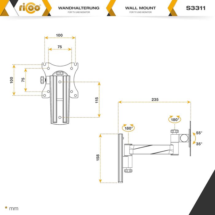 Кріплення для монітора на стіну RICOO S3111 - шарнірний, регульований, для моніторів 13-34 дюймів, VESA 75x75/100x100 мм