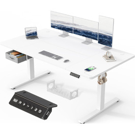 Регульований стіл Devoko 160x80 см з ящиками, USB-порт, органайзер для кабелів, стоячий стіл з пам'яттю, білий