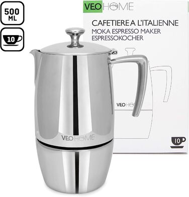 Mokka Pot VeoHome: Кавоварка гейзерна на 10 чашок, 500 мл, нержавіюча сталь, італійська, для Induktion, Gas, Keramik, Elektrik, без алюмінію, з подвійним фільтром