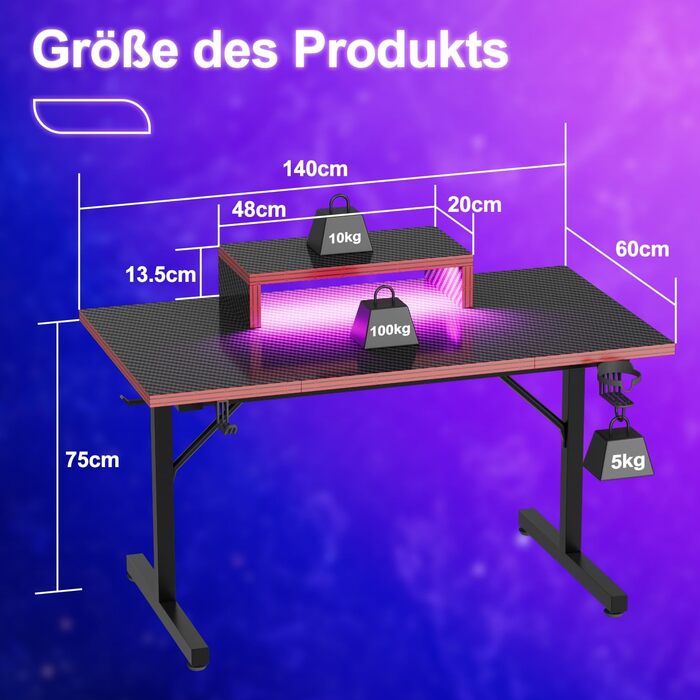 Ігровий стіл Devoko 160x60 см з LED підсвічуванням, з підставкою для монітора, карбоновим покриттям, ергономічний, з тримачем для чашки та гачком для навушників