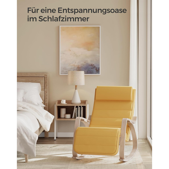 Крісло-гойдалка SONGMICS з підлокітниками з натурального дерева, регульована підставка для ніг, до 150 кг, для спальні/вітальні, темно-натуральний колір, бавовна/поліестер