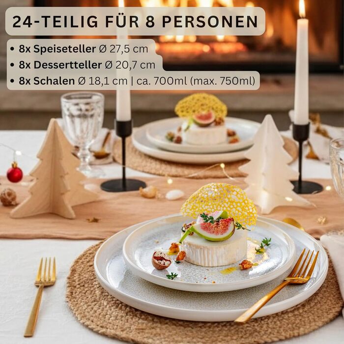 Набір посуду SÄNGER Korfu 24 шт. для 8 осіб: тарілки, супи, десертні, з каменю, ручної роботи, кремового кольору з пісочною текстурою