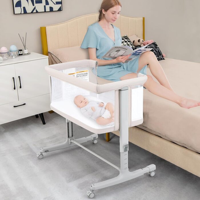 Дитяче ліжко-гойдалка DREAMADE 2 в 1 з регулюванням висоти, 5 ступенів, з матрацом та колесами, 86 x 63 см, для новонароджених до 9 кг, з нахилом 10°, бежевий колір