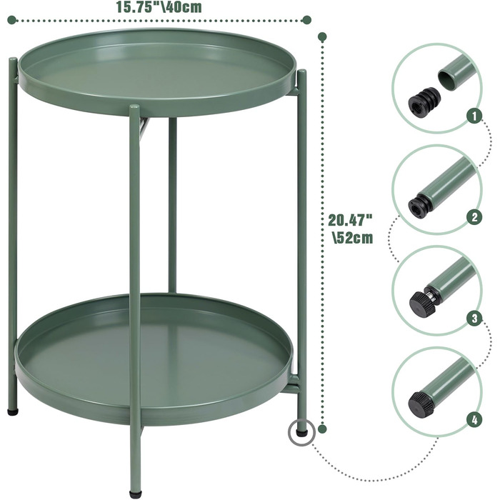 Круглий журнальний столик HollyHOME, 2-рівневий металевий піднос, столик для закусок, журнальний столик, тумбочка, зелений