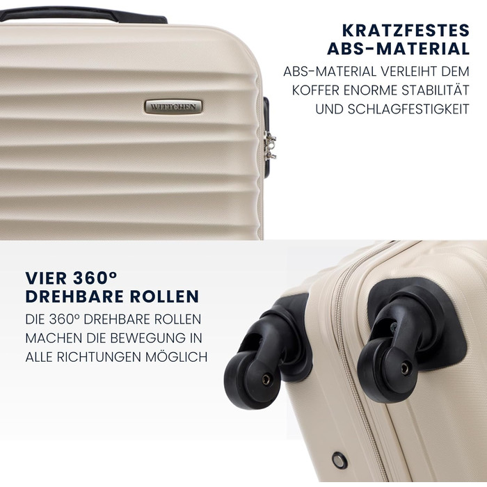 Набір валізWITTCHEN 3в1: велика, середня, маленька. Жорсткий корпус ABS, 4 колеса, кодовий замок. Підходить для Lufthansa, Eurowings, Ryanair, Condor. Бежевий колір.