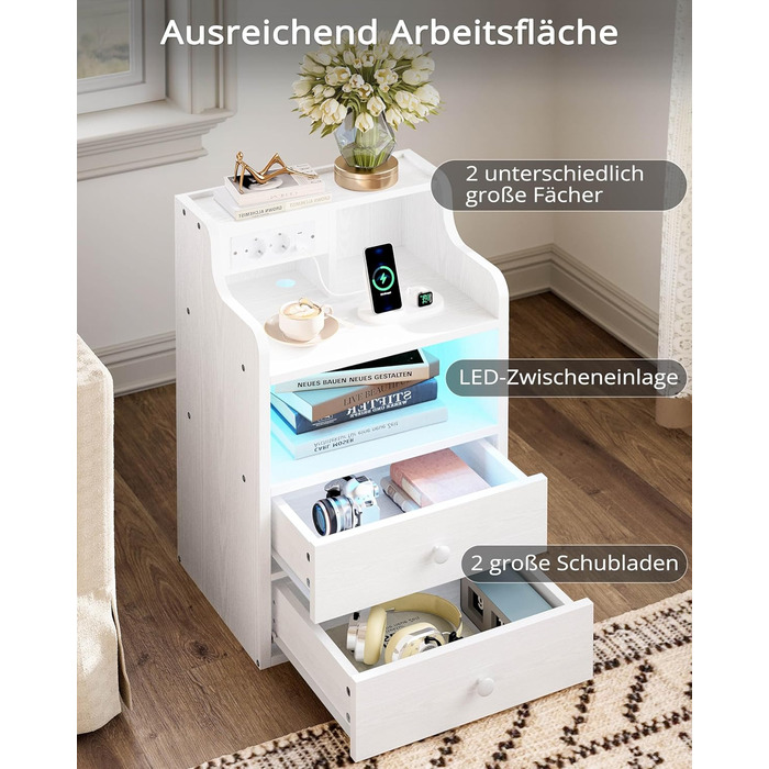 Нічний столик IRONCK з LED-підсвіткою, розеткою та функцією зарядки, з ящиками, білий.