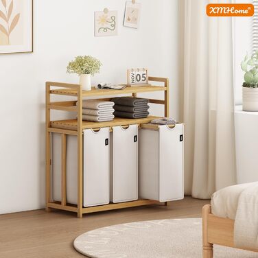 Бамбуковий сортер для білизни з 3 відділеннями, 148 літрів, 2 яруси, великий кошик для білизни з знімним мішком, прямокутна коробка для ванної, спальні та пральні, 77.5x41.3x100.5 см, бежевий (сірий)
