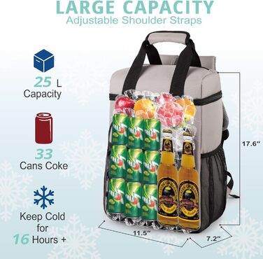 Рюкзак-холодильник з м'яким ручним захопленням, легкий та ізольований, водовідштовхуючий, велика місткість – ідеальний для жінок та чоловіків для пляжу, кемпінгу, пікніка, риболовлі та піших прогулянок (Сірий)