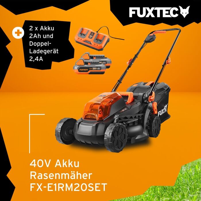 Акумуляторний газонокосарка FUXTEC 40V E1RM20 з 2x20V Li-Ion акумуляторами 2Ah та подвійним зарядним пристроєм – ширина зрізу 33 см, регульована висота зрізу