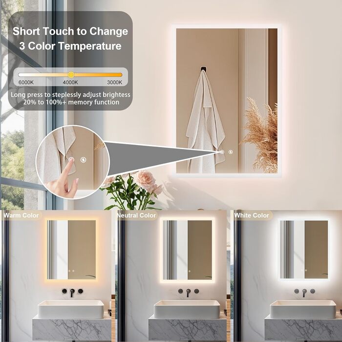 Дзеркало для ванної кімнати LUVODI з підсвічуванням 40x50 см: регульоване LED дзеркало з 3 кольорами світла, сенсорне керування, антизапарник, водонепроникне, настінне, горизонтальне/вертикальне встановлення (80x60 см)