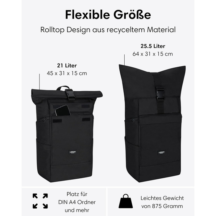 Рюкзак LARKSON для жінок та чоловіків - No 4 Large - Rolltop Backpack 21 л з 16-дюймовим відділенням для ноутбука Uni, Work & Bike - Великий туристичний рюкзак з ремінцем для візка Black