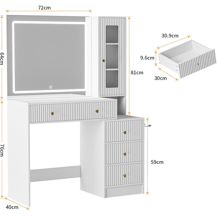Дзеркальний туалетний столик Belife з підсвічуванням та 7 шухлядами, з розеткою та 3 кольорами світла для спальні (V3)