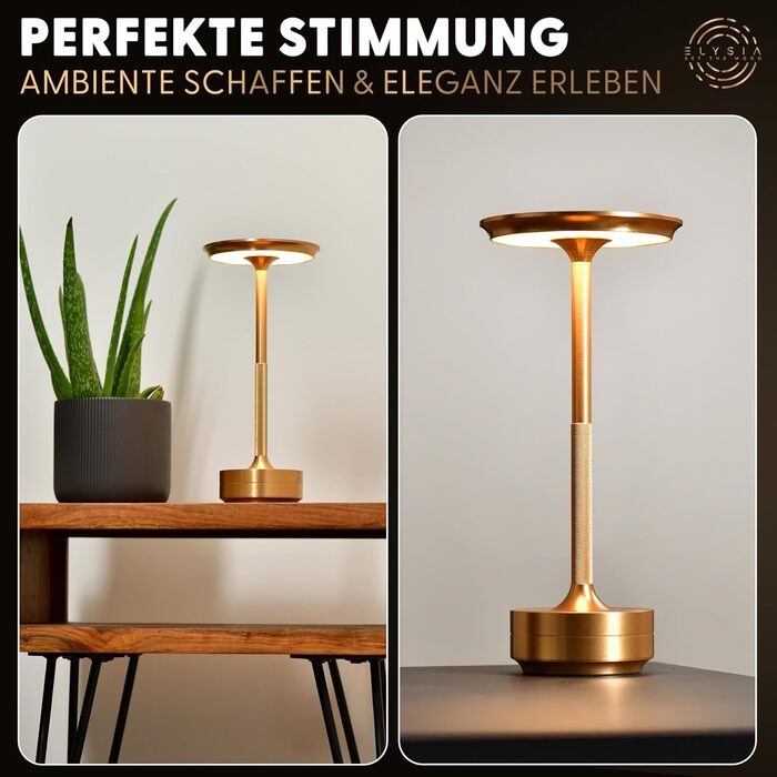 LED настільна лампа ELYSIA з акумулятором, диммування, бездротова, сенсорне управління, для дому та вулиці [IP54], тепле світло [2200K-2700K-3200K], USB-C, перезарядна, алюміній, золота