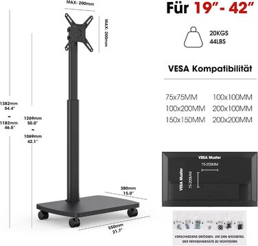 Підставка для телевізора мобільна з дерев'яною основою, поворотна, для TV 19-42 дюйми, чорна, до 20 кг, VESA 200x200 мм