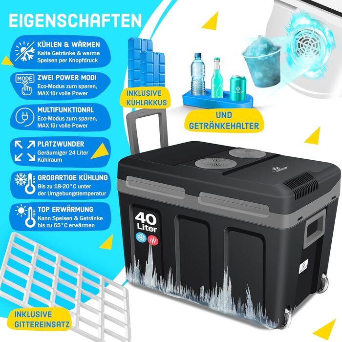 Термобокс KESSER® 40L з колесами | Холодильник-грілка 12/230V | Для авто, човна, кемпінгу | З акумуляторами холоду та тримачами для напоїв (Чорний/Сірий)