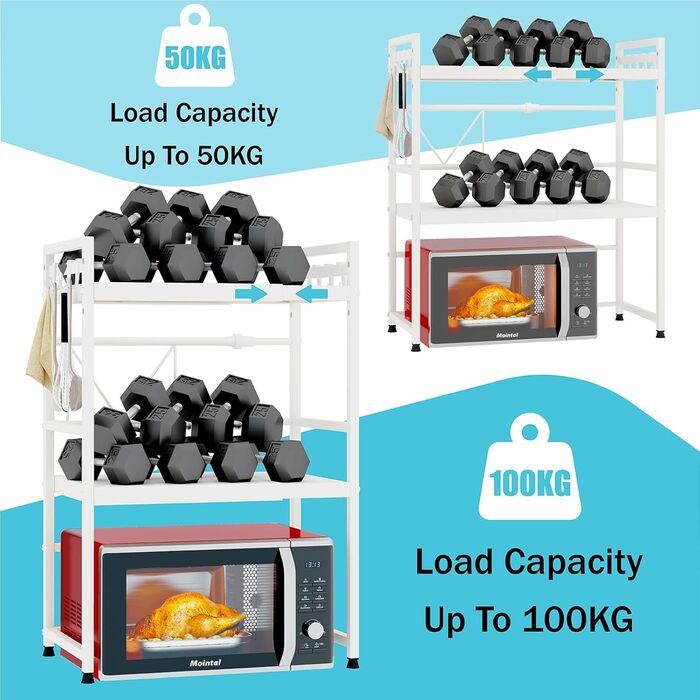 Регульована полиця для мікрохвильової печі, розширювана стійка-організатор для кухні, міцна з вуглецевої сталі, з 8 гачками (3-рівні, білий)