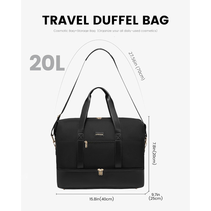 Спортивна сумка LOVEVOOK для жінок, дорожня сумка-валіза, дорожня сумка-мішок, сумка для подорожей, сумка для ручної поклажі в літак, сумка для пологового будинку, сумка для одягу з відділенням для взуття, косметичка, бежево-коричнево-чорна (чорна, 40x20x