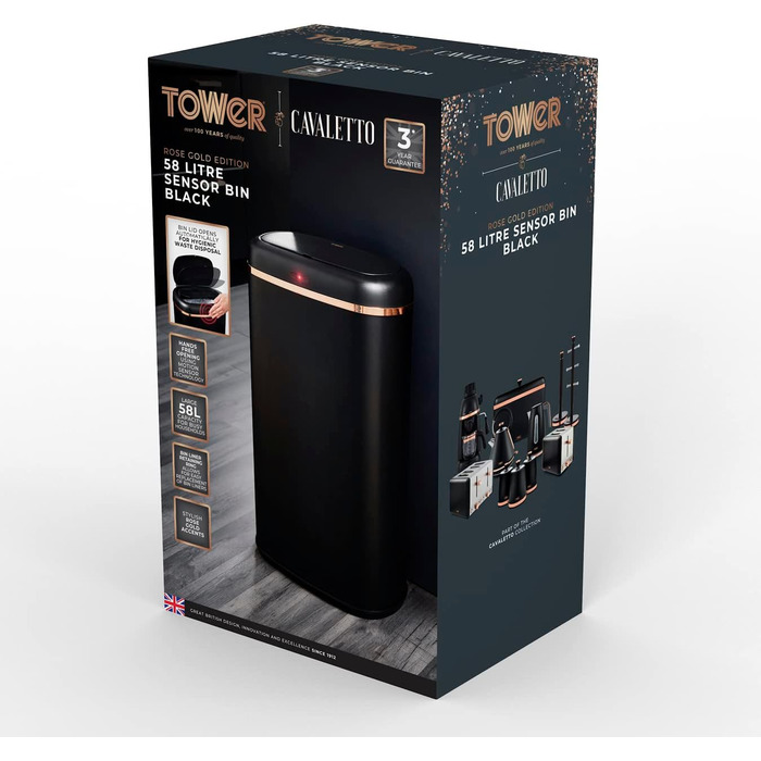 Tower 58 квадратний сміттєвий бак з датчиком (чорний та рожеве золото)