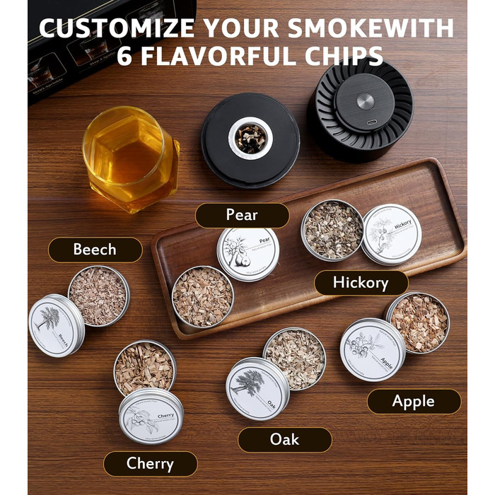Електричний набір для копчення віскі з LED-підсвічуванням, 6 ароматів деревини, без бутану, перезаряджається, вінтажний, барний аксесуар, подарунок для чоловіків, батька, чоловіка