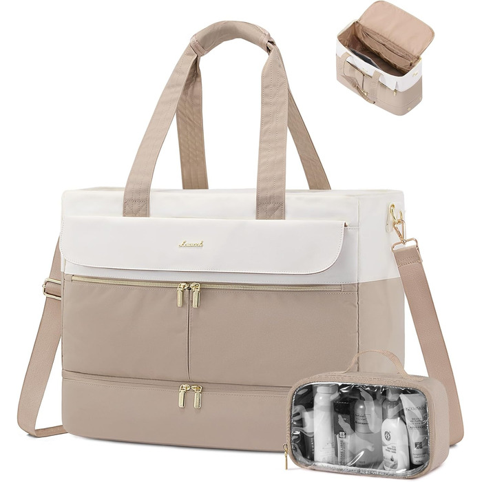 Сумка-валіза LOVEVOOK для жінок, 45L, Weekender, ручна поклажа, велике відкривання, сумка для пологового будинку, спортивна сумка, дорожня сумка, з відділенням для взуття та мокрою білизною, для подорожей, Gym, beige+khaki