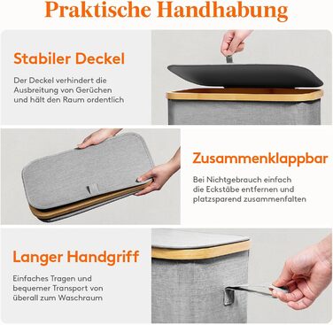 Кошик для білизни Lifewit з кришкою, вузький, складний, 75л, бамбук, сірий