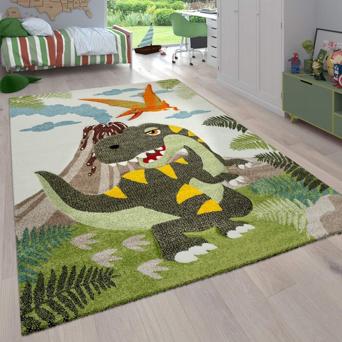 Дитячий килимок Paco Home для дитячої кімнати для хлопчиків з коротким ворсом у вигляді тварин і джунглів, розмір 80x150 см, Колір (160x230 см, зелений 4)