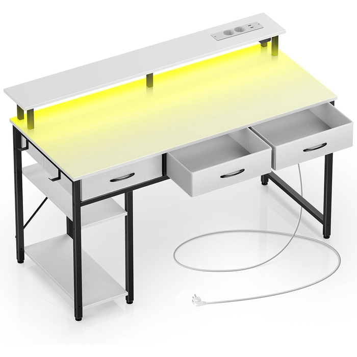 Комп'ютерний стіл Rolanstar з шухлядами, розетками та LED підсвіткою, геймінговий стіл з підставкою для монітора, полиця та 2 гачки, для офісу та вітальні (білий, 100x47x90,5 см)