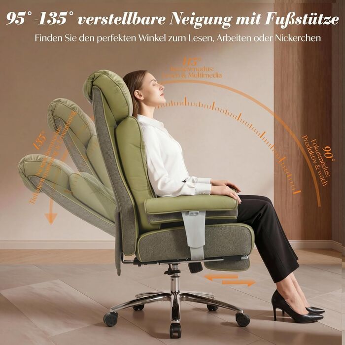 Офісний стілець Efomao XXL до 200 кг з підставкою для ніг, екошкіра, висока спинка, регульовані підлокітники, підтримка попереку, сірий