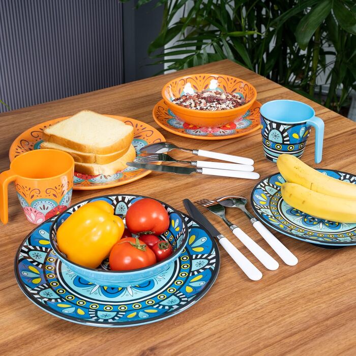 Набір посуду з меламіну Тоскана Пастель на 4 особи - BUNT - дизайн Мандала, 16 частин. Підходить для миття в посудомийній машині, кемпінгу, подорожей, пікніків та вечірок.