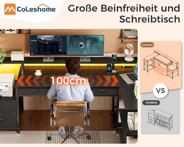 Комп'ютерний стіл кутовий Coleshome з шухлядами, 195x100 см, з розеткою та підставкою для монітора, чорний