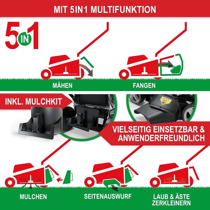 Бензиновий газонокосарка 5-в-1 з потужним двигуном 4.9 PS, 4-тактний, об'єм 173 см³, ширина косіння 46 см, 60л травозбірник, Radantrieb, комплект для мульчування та бічний викид